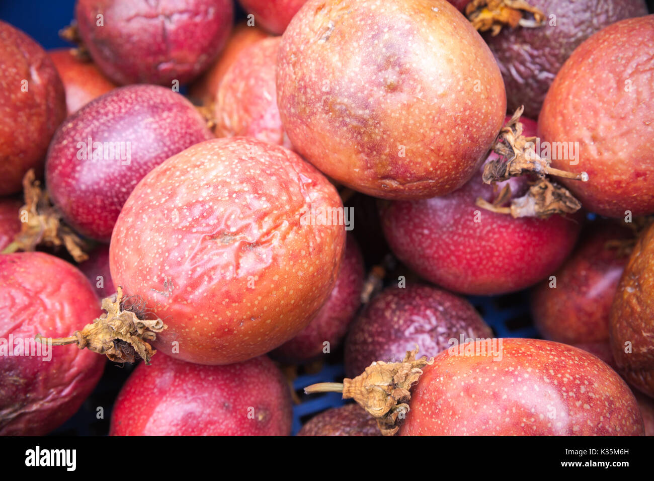 Red passion fruits lay on the counter of street food market on Madeira island, Portugal. Close-up photo with selective focus Stock Photo