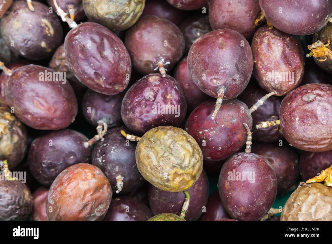 Purple passion fruits lay on the counter of street food market on Madeira island, Portugal. Close-up photo with selective focus Stock Photo