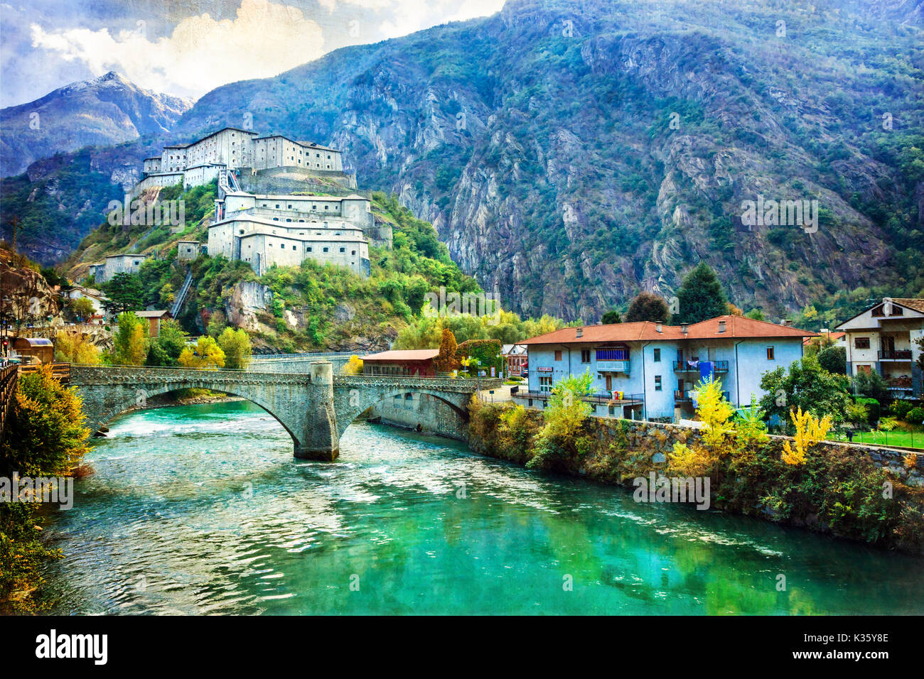 Beautiful Forte di Bard,panoramic view,Valle d'Aosta,Italy. Stock Photo