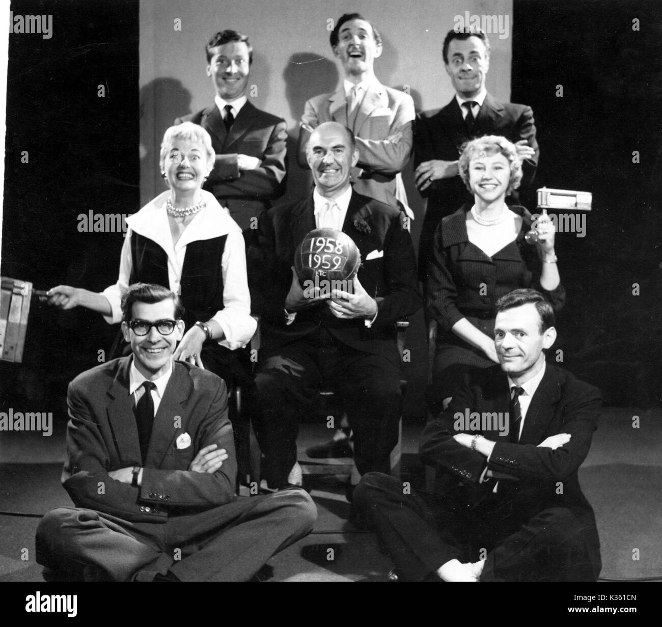 BEYOND OUR KEN back row L-R, KENNETH WILLIAMS, RON MOODY, HUGH PADDICK middle row L-R, BETTY MARSDEN, KENNETH HORNE, PATRICIA LANCASTER front row L-R, scriptwriters BARRY TOOK, ERIC MERRIMAN Stock Photo