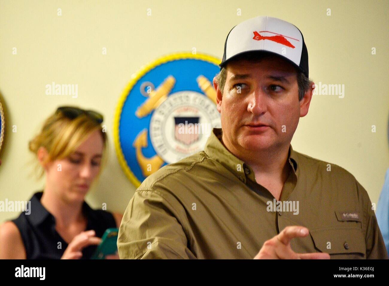 Houston, United States. 31st Aug, 2017. U.S. Senator Ted Cruz of Texas thanks Coast Guard crew members during a visit to Sector Houston-Galveston operations center in the aftermath of Hurricane Harvey August 31, 2017 in Houston, Texas. Credit: Planetpix/Alamy Live News Stock Photo