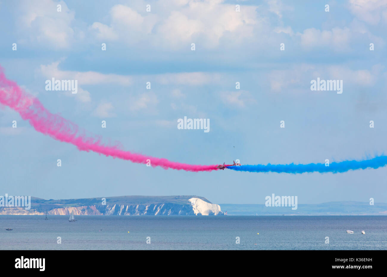 Bournemouth, Dorset UK. 1st Sep, 2017. The second day of the tenth anniversary of the Bournemouth Air Festival. The Red Arrows thrill the crowds, two cross over with coastline of Isle of Wight and the Needles in the distance. Credit: Carolyn Jenkins/Alamy Live News Stock Photo