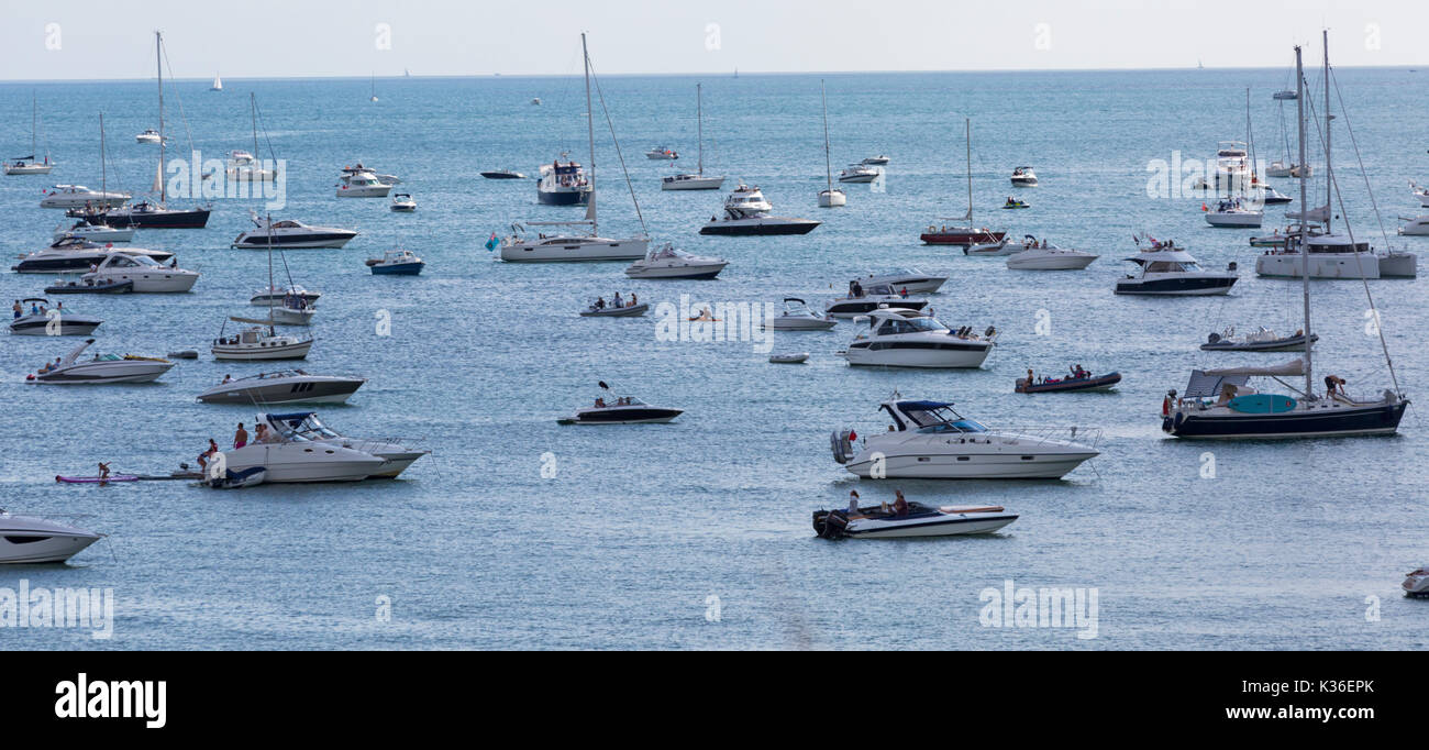 Bournemouth, UK. 1st Sep, 2017. The second day of the tenth anniversary of the Bournemouth Air Festival on a warm sunny day on the South Coast. Boats in the bay to get a good view. Credit: Carolyn Jenkins/Alamy Live News Stock Photo