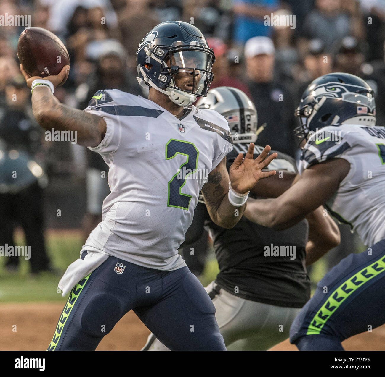 August 31, 2017: Seattle Seahawks quarterback Trevone Boykin (2) fires pass down field on Thursday, August 31, 2017, at Oakland-Alameda County Coliseum in Oakland, California. The Seahawks defeated the Raiders in a preseason game 17-13. Al Golub/CSM Stock Photo