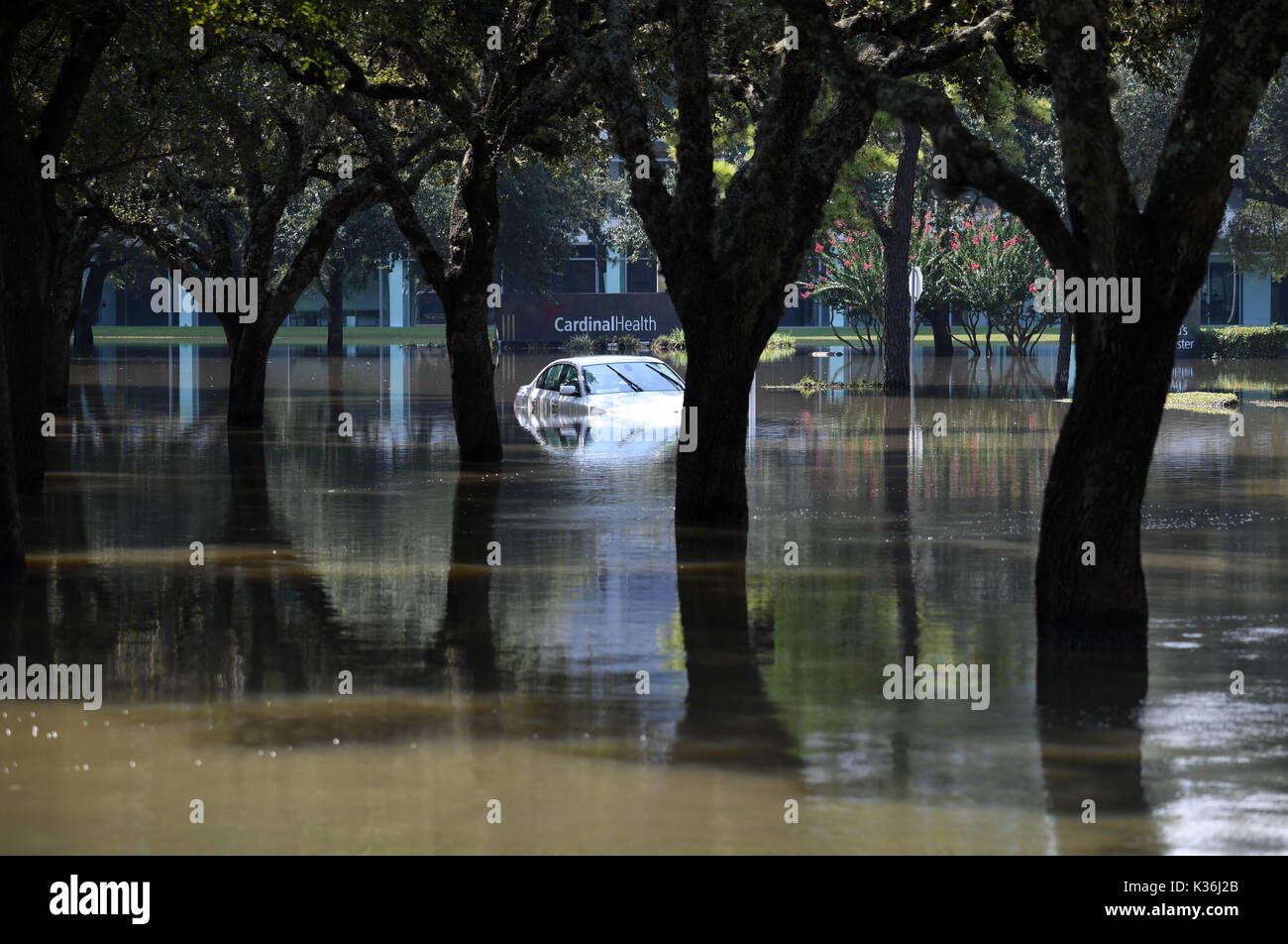 Houston, USA. 1st Sep, 2017. A flooded car is seen near Barker Reservoir, west of Houston, Texas, the United States, Sept. 1, 2017. Heavy rain that fell following Hurricane Harvey inundated the Barker and Addicks reservoir areas, west of Houston. Since Aug. 28, the U.S. Army Corps of Engineers has been deliberately releasing water from both reservoirs into nearby neighborhoods, since rising water levels in the reservoirs reached the limits. Credit: Yin Bogu/Xinhua/Alamy Live News Stock Photo