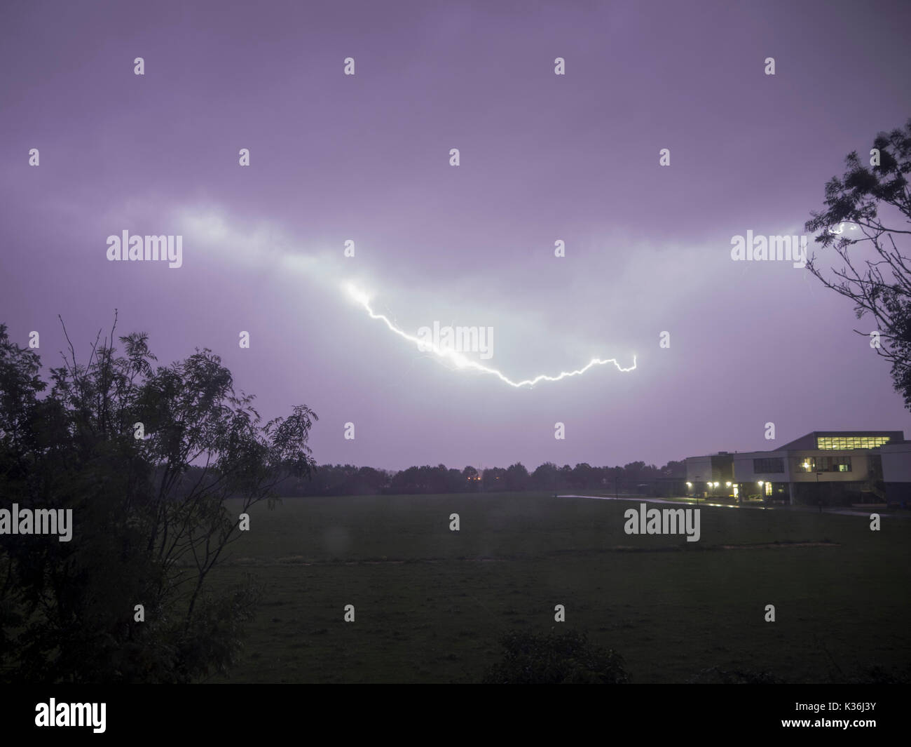 Sheerness, Kent. 2nd Sep, 2017. UK Weather: lightning over Sheerness. Building pictured: Oasis Academy Isle of Sheppey (West Campus) and playing fields. Around midnight: strong winds, heavy rain and initially silent lightning, followed by thunder at 12.30 am when most of these pictures were taken. Credit: James Bell/Alamy Live News Stock Photo