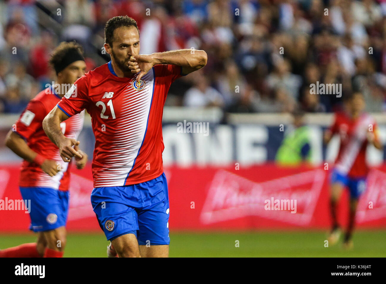 Harisson, New Jersey, USA. 01st Sep, 2017. Marco Ureña da Costa RIca celebrate a goal during a match against the United States validated by the qualifiers of the 2018 World Cup in Russia at the Red Bull Arena in Harisson, New Jersey, United States on Friday, 01.  ((PHOTO: VANESSA CARVALHO/BRAZIL PHOTO PRESS) Credit: Brazil Photo Press/Alamy Live News Stock Photo