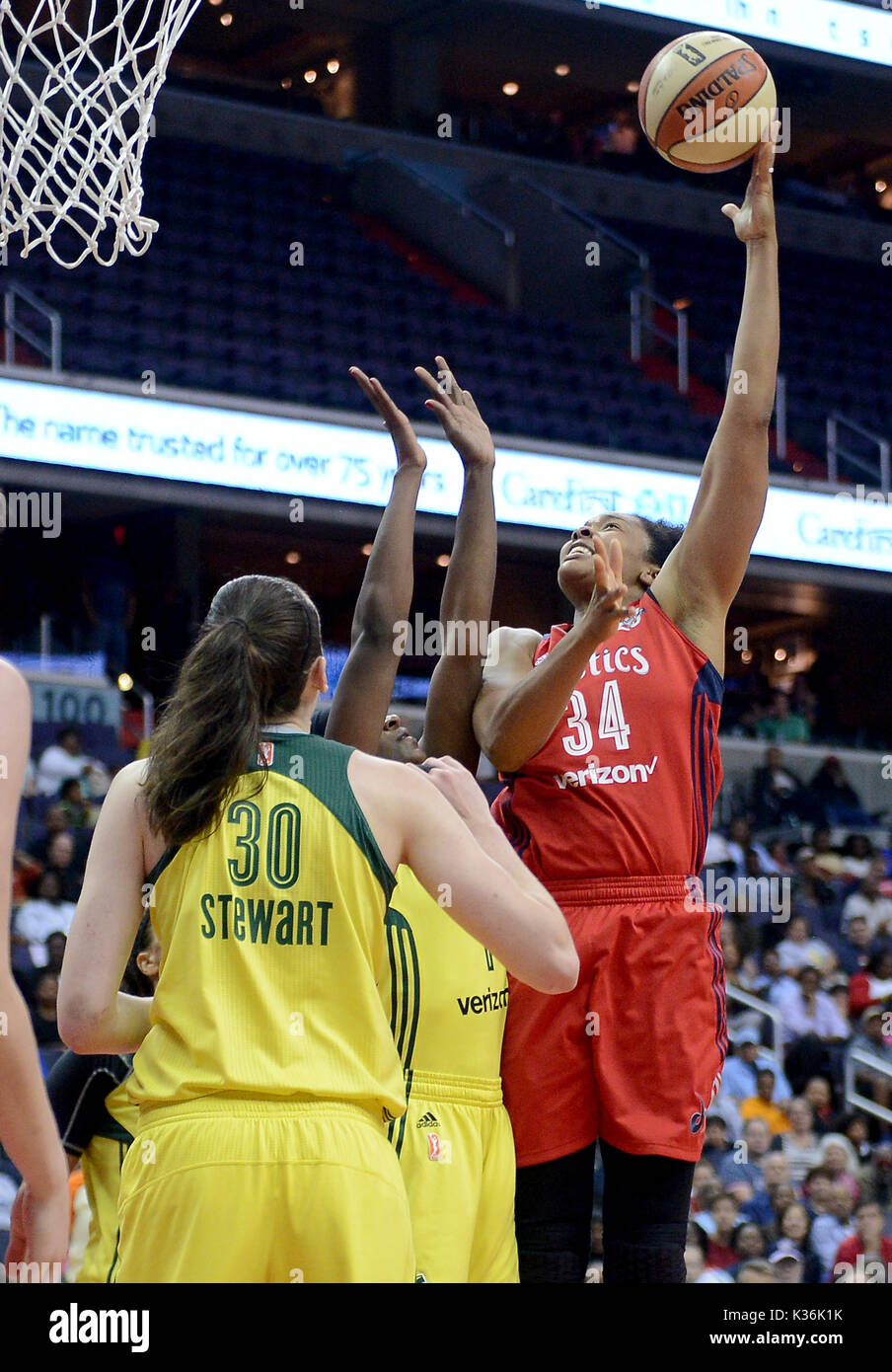 Washington, DC, USA. 1st Sep, 2017. 20170901 - Washington Mystics center KRYSTAL THOMAS (34) scores on a hook shot over Seattle Storm forward CRYSTAL LANGHORNE (1) and Seattle Storm guard SUE BIRD (10) in the first half at Capital One Arena in Washington. Credit: Chuck Myers/ZUMA Wire/Alamy Live News Stock Photo