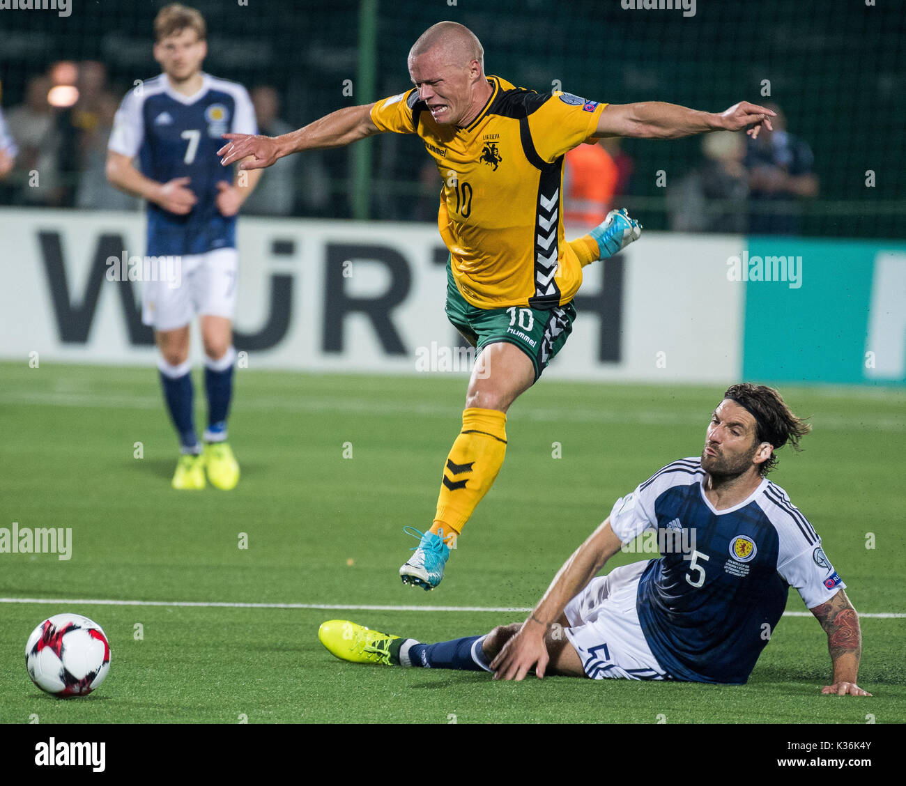 Vilnius Lithuania 1st Sep 2017 Darvydas Sernas Top Of 1st Sep 2017 Darvydas Sernas Top Of Lithuania Vies With Charlie Mulgrew R Scotland During The Fifa World Cup European Qualifying Group F Match