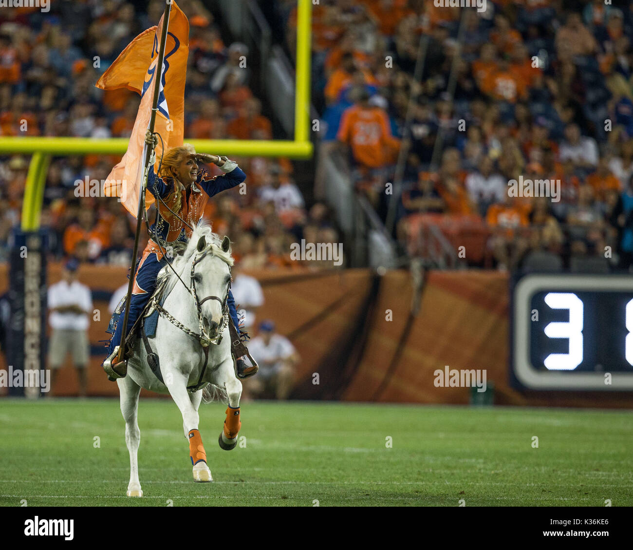 August 31, 2017: Denver Broncos mascot Thunder takes the field after the Broncos scored a touchdown during the second quarter of an NFL preseason matchup between the Arizona Cardinals and the Denver Broncos at Sports Authority Field at Mile High Stadium Denver CO, Scott D Stivason/Cal Sport Media Stock Photo