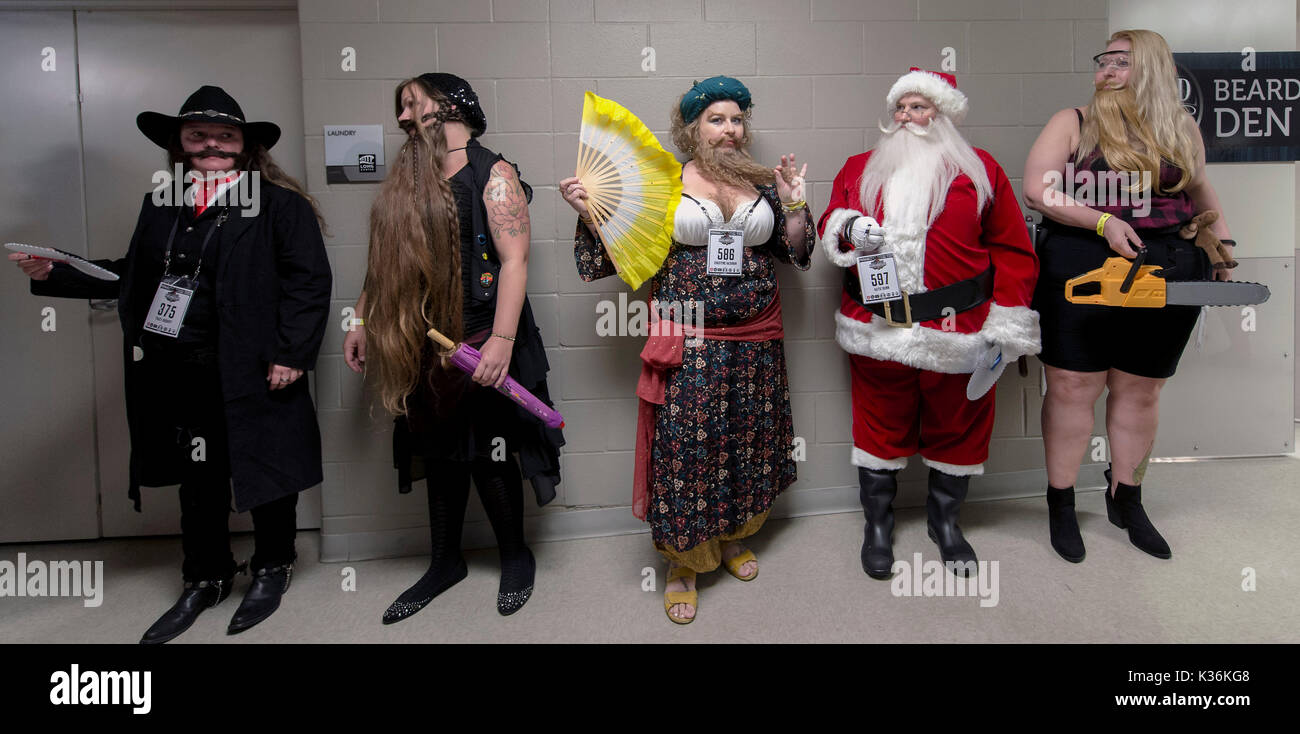 Austin, Texas, USA. 01st Sep, 2017. Whiskerina competitors line up during the 2017 World Beard and Moustache Championships hosted this year by the Austin Facial Hair Club. The Whiskerinas are women who compete in either the realistic or creative facial hair categories. Credit: Brian Cahn/ZUMA Wire/Alamy Live News Stock Photo