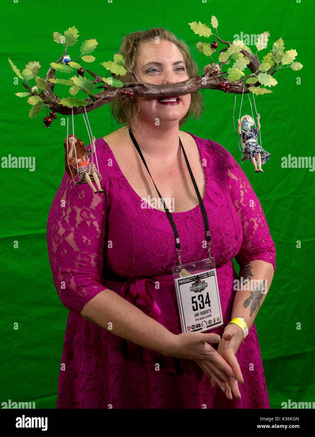 Austin, Texas, USA. 01st Sep, 2017. Whiskerina competitor AMY ROBERTS acts in a short video presentation later played during her time onstage at the 2017 World Beard and Moustache Championships. The Whiskerinas are women who compete in either the realistic or creative facial hair categories. Credit: Brian Cahn/ZUMA Wire/Alamy Live News Stock Photo