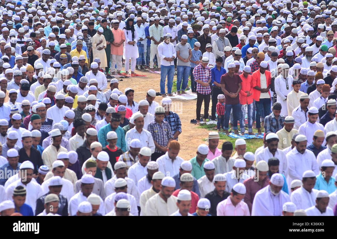 Dimapur, India September 02, 2017: Indian Muslims offer prayers during the Eid-al-Adha prayer in Dimapur, India north eastern state of Nagaland. Muslims across the world celebrate the annual festival of Eid al-Adha, or the Festival of Sacrifice, which marks the end of the Hajj pilgrimage to Mecca and commemorates Prophet Abraham's readiness to sacrifice his son to show obedience to God. Credit: Caisii Mao/Alamy Live News Stock Photo