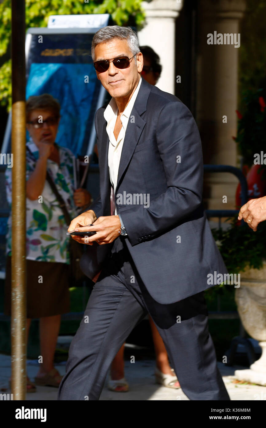 George Clooney is seen leaving the Hotel Excelsior after giving interviews during the 74th Venice Film Festival on September 01, 2017 in Venice, Italy Stock Photo