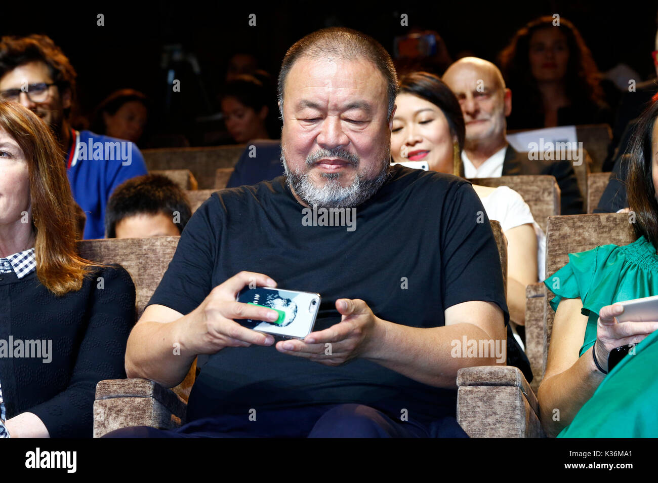 Venice, Italy. 01st Sep, 2017. Ai Weiwei attending the 'Human Flow' premiere at the 74th Venice International Film Festival at the Palazzo del Cinema on September 01, 2017 in Venice, Italy Credit: Geisler-Fotopress/Alamy Live News Stock Photo