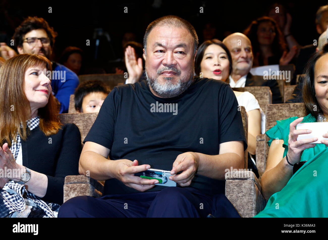 Venice, Italy. 01st Sep, 2017. Ai Weiwei attending the 'Human Flow' premiere at the 74th Venice International Film Festival at the Palazzo del Cinema on September 01, 2017 in Venice, Italy Credit: Geisler-Fotopress/Alamy Live News Stock Photo