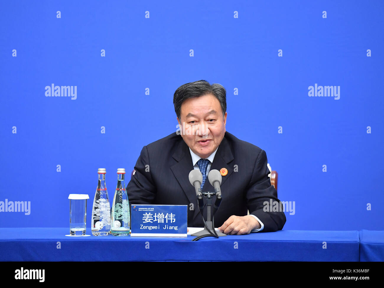Xiamen, China's Fujian Province. 2nd Sep, 2017. Jiang Zengwei, director of the Organizing Committee of the BRICS Business Forum 2017 and chairman of China Council for the Promotion of International Trade, attends a press conference at the media center for the 2017 BRICS Summit in Xiamen, southeast China's Fujian Province, Sept. 2, 2017. Credit: Li Xin/Xinhua/Alamy Live News Stock Photo