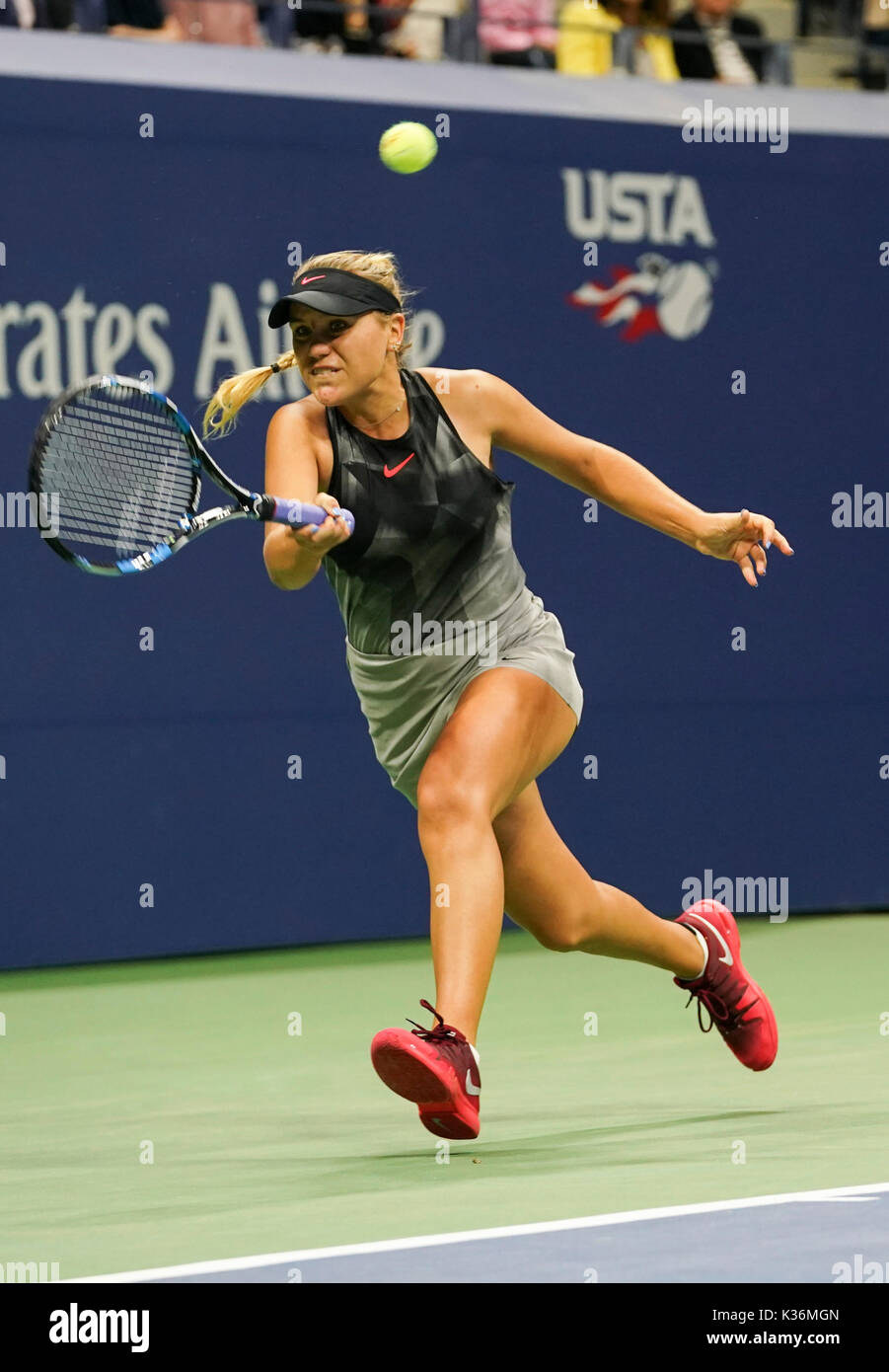 New York, USA. 1st Sep, 2017. Sofia Kenin of the United States hits a