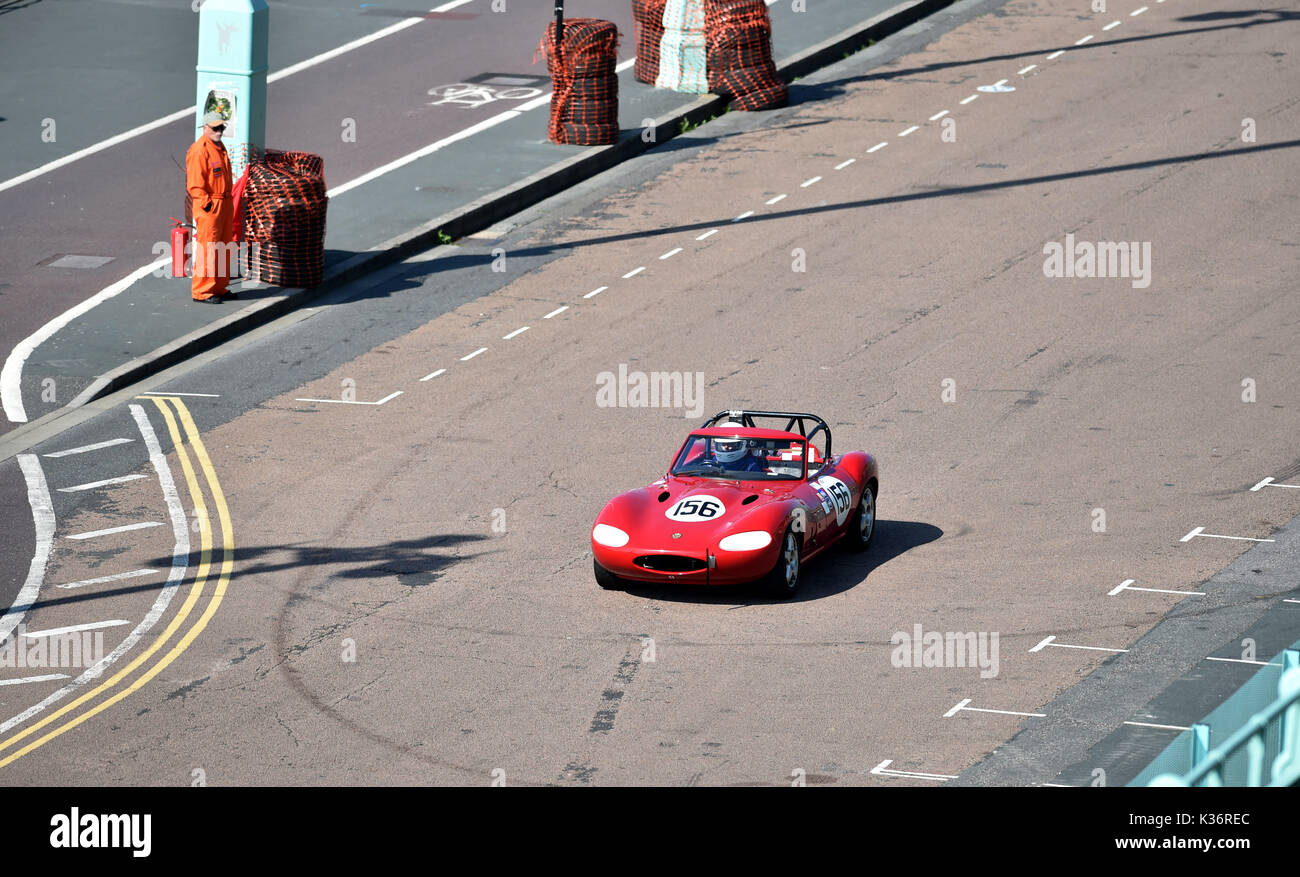 Brighton, UK. 2nd Sep, 2017. A car races along Madeira Drive at the Brighton Speed Trials held on the seafront . Over two hundred cars and motor bikes line up to take a timed run down Madeira Drive reaching high speeds Credit: Simon Dack/Alamy Live News Stock Photo