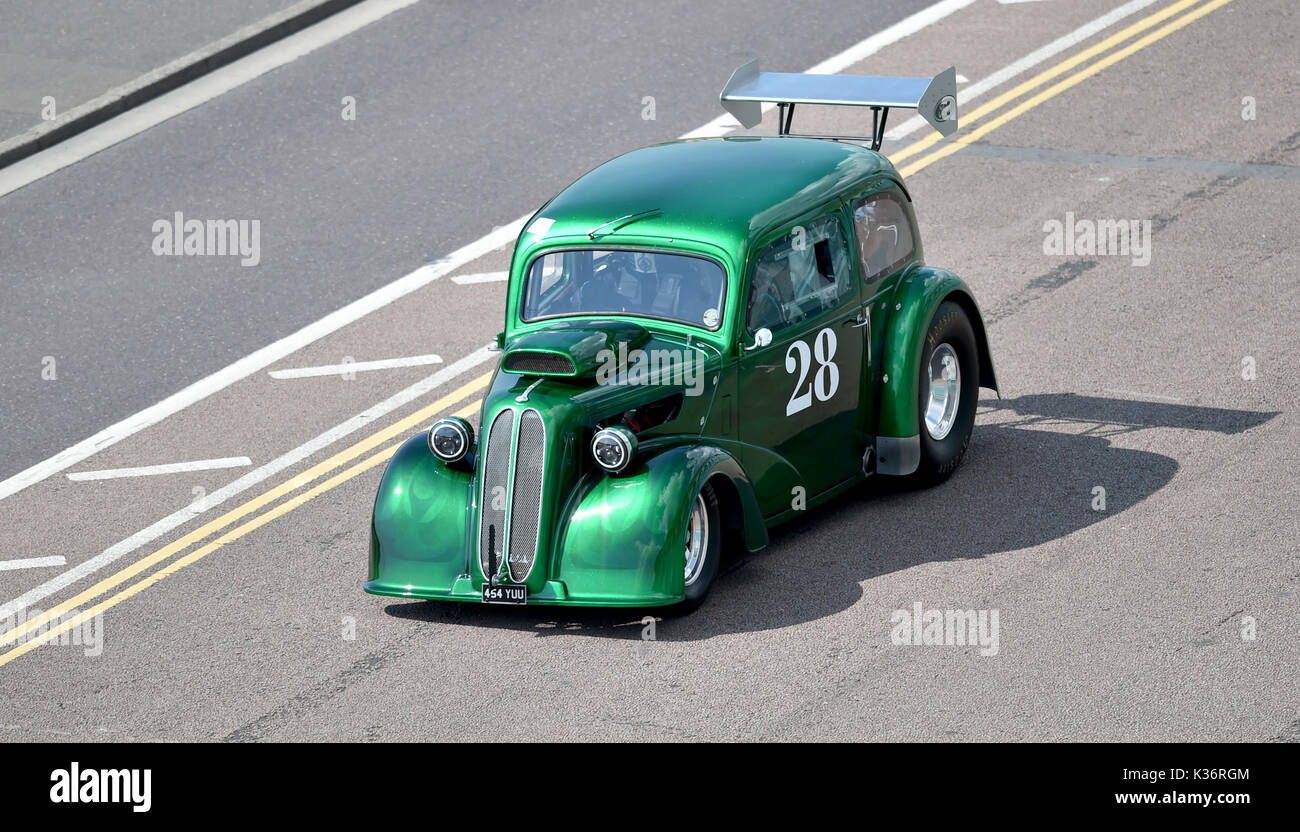 Brighton, UK. 2nd Sep, 2017. Some unusual vehicles at the Brighton Speed Trials held on the seafront . Over two hundred cars and motor bikes line up to take a timed run down Madeira Drive reaching high speeds Credit: Simon Dack/Alamy Live News Stock Photo