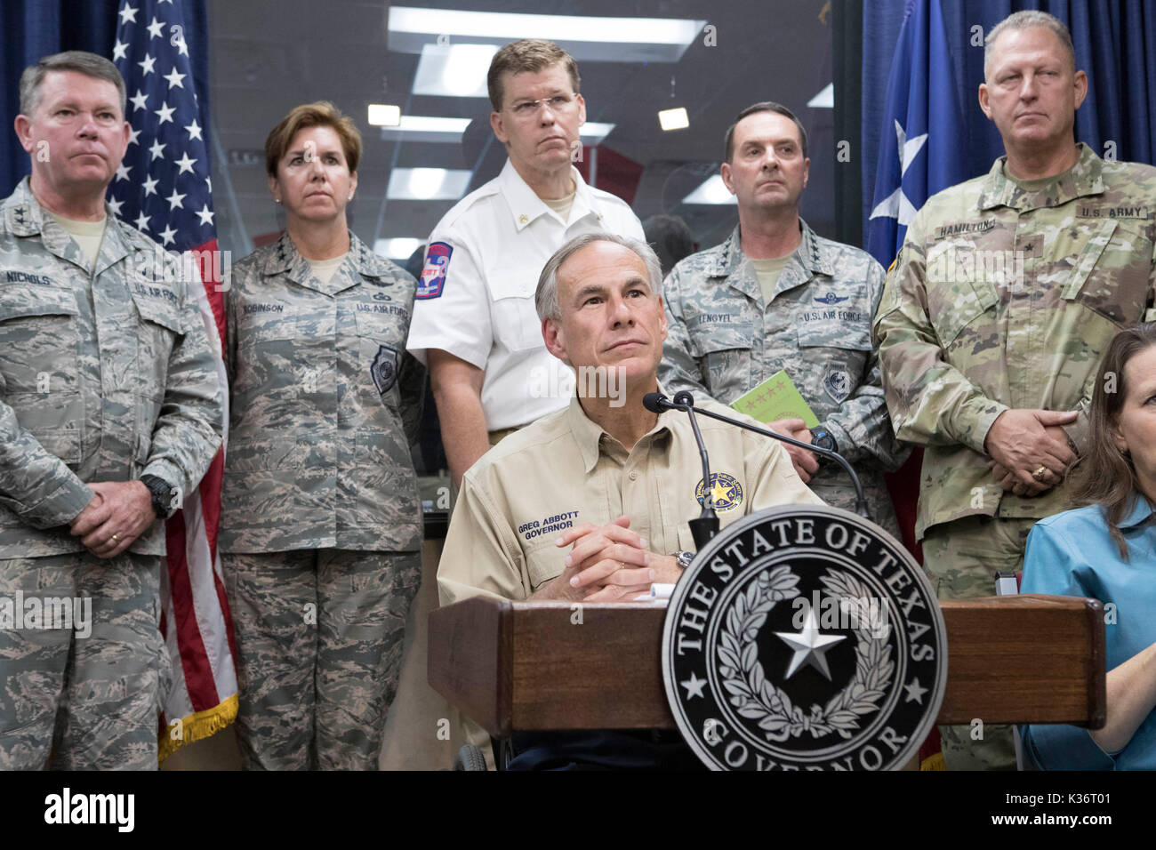 Austin, Texas USA Sept. 1, 2017: Texas Gov. Greg Abbott and emergency officials continue response to extensive Hurricane Harvey damage at the Texas Dept. of Public Safety Emergency Operations Center (EOC). Air Force Gen. Lori Robinson, the country's highest-ranking female officer, is second from left, Credit: Bob Daemmrich/Alamy Live News Stock Photo