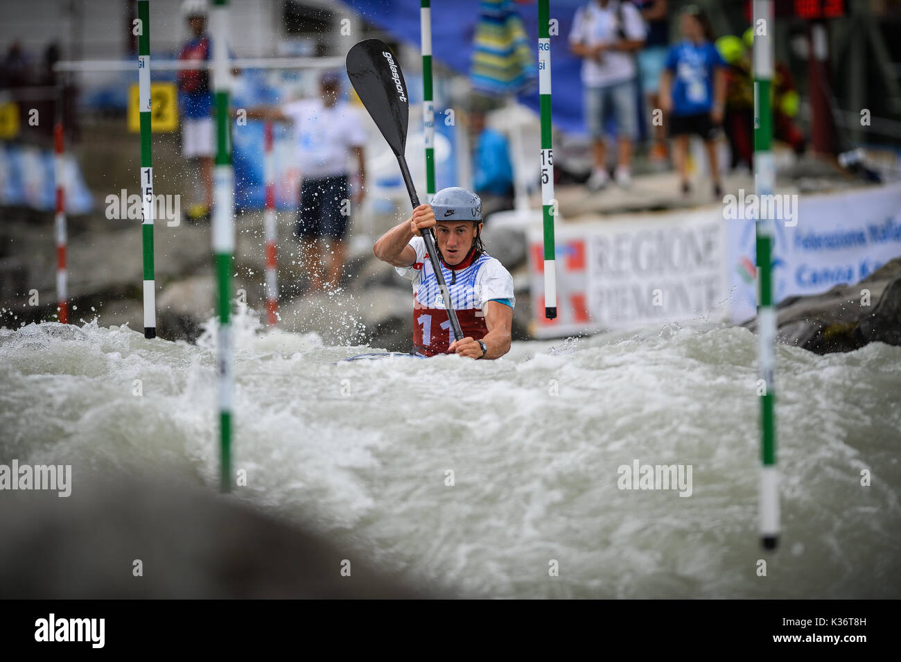 Ivrea, Torino, Italy. September, 2nd, 2017. Canoe Slalom World Cup stage IV, 240 athletes from 31 countries compete in the fourth stage of the 2017 ICF Canoe Slalom World Cup in the beautiful city of Ivrea, located in north west of Italy down the Alps, ones of the less to have a natural river water Canoe Stadium in the heart of the city.  Bin n. 11 SMOLEN Michal 2nd K1M. Damiano Benedetto/ Alamy Live News Stock Photo