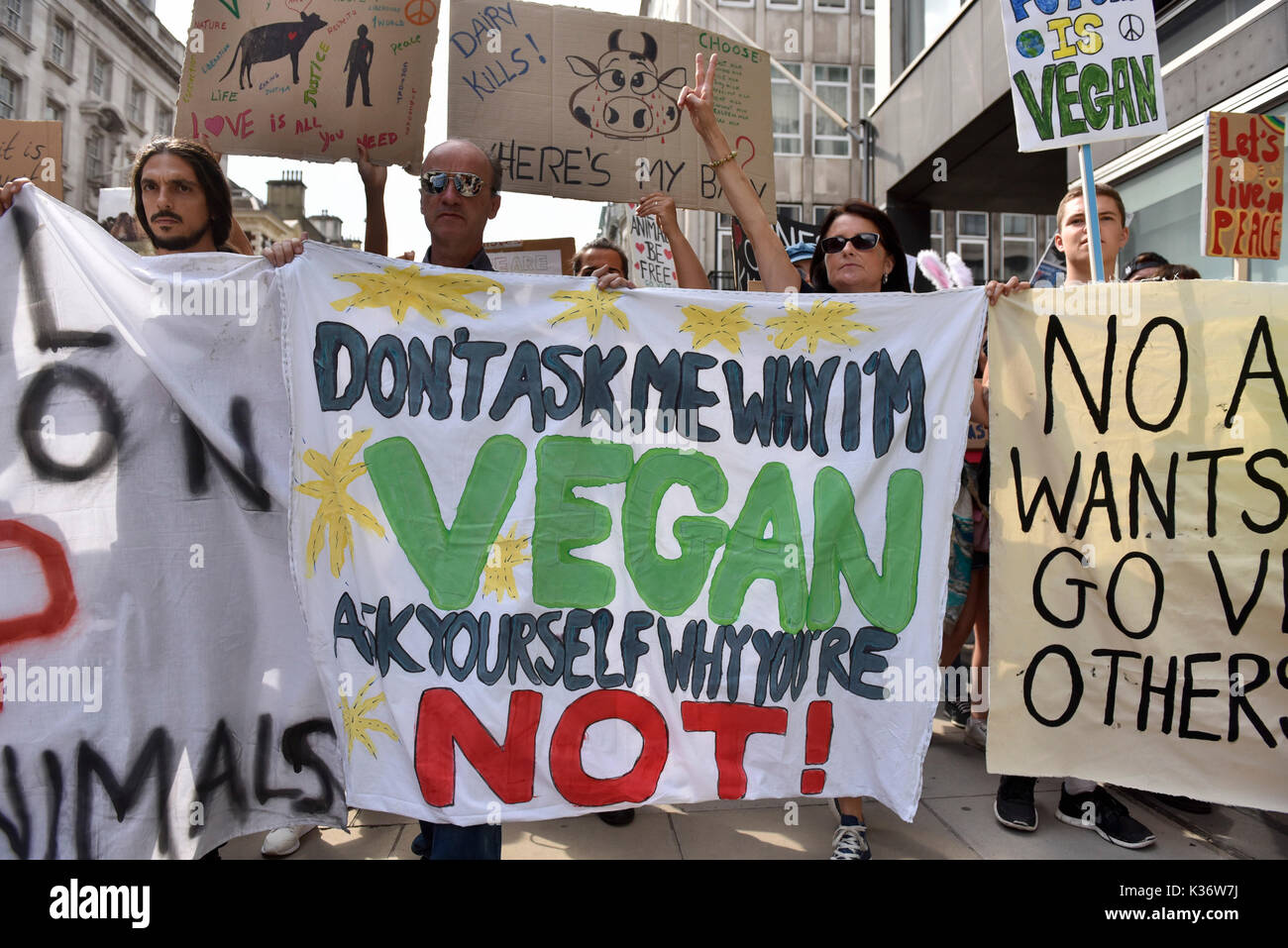 London, UK.  2 September 2017.  Vegans and other demonstrators take part in an Animal Rights march from Hyde Park Corner to Parliament Square demanding an end to animal oppression in order to help the planet.   Credit: Stephen Chung / Alamy Live News Stock Photo
