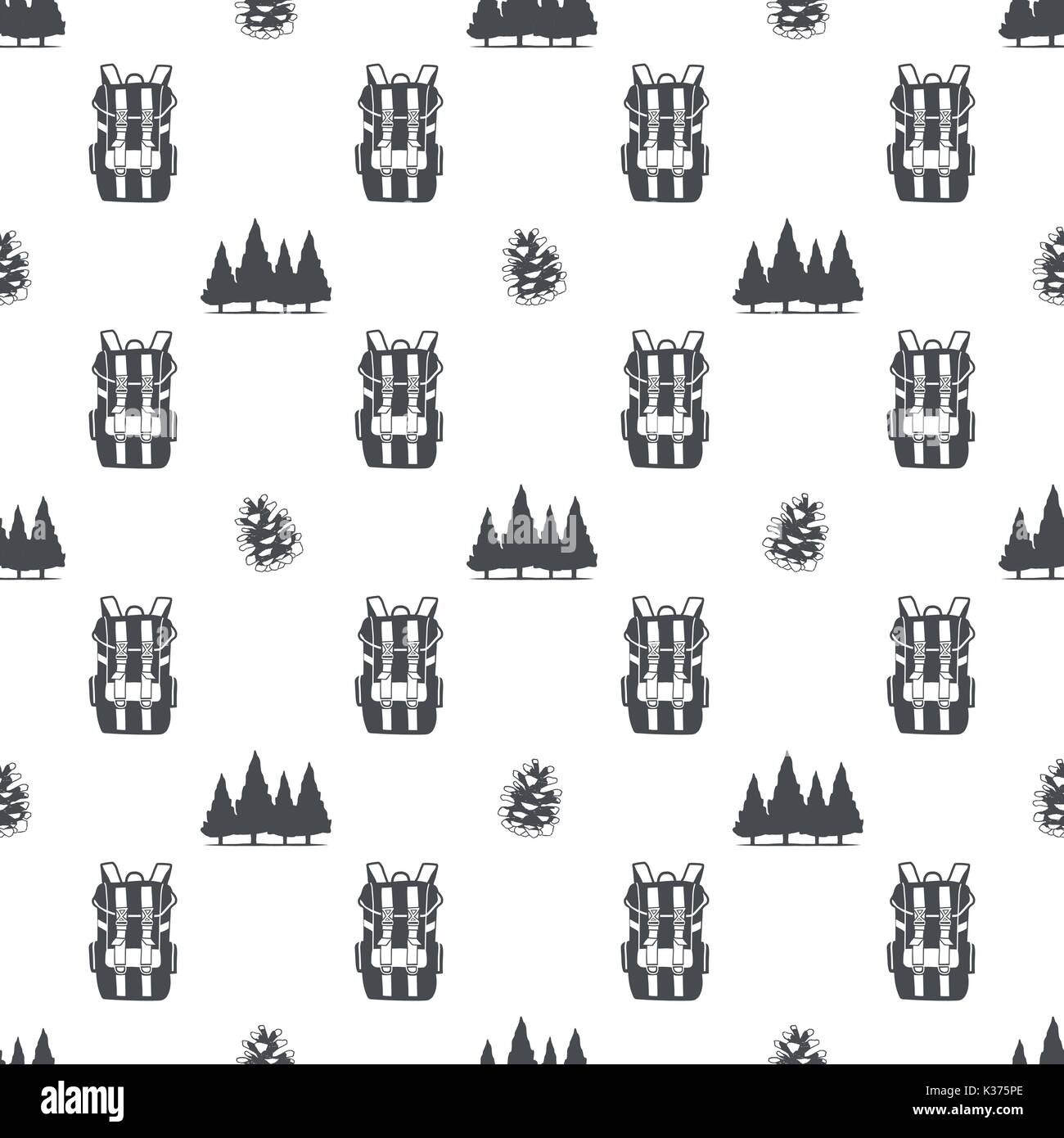 camping pattern with backpack, trees and pine cone symbols. Adventure ...