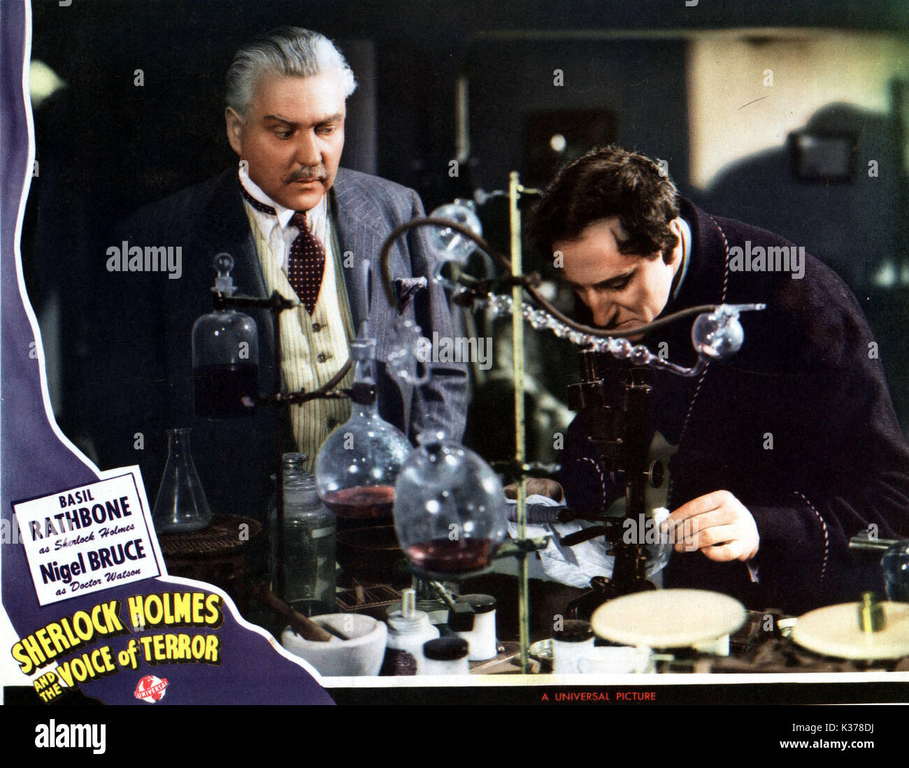 SHERLOCK HOLMES AND THE VOICE OF TERROR NIGEL BRUCE AND BASIL RATHBONE A UNIVERSAL PICTURE     Date: 1942 Stock Photo