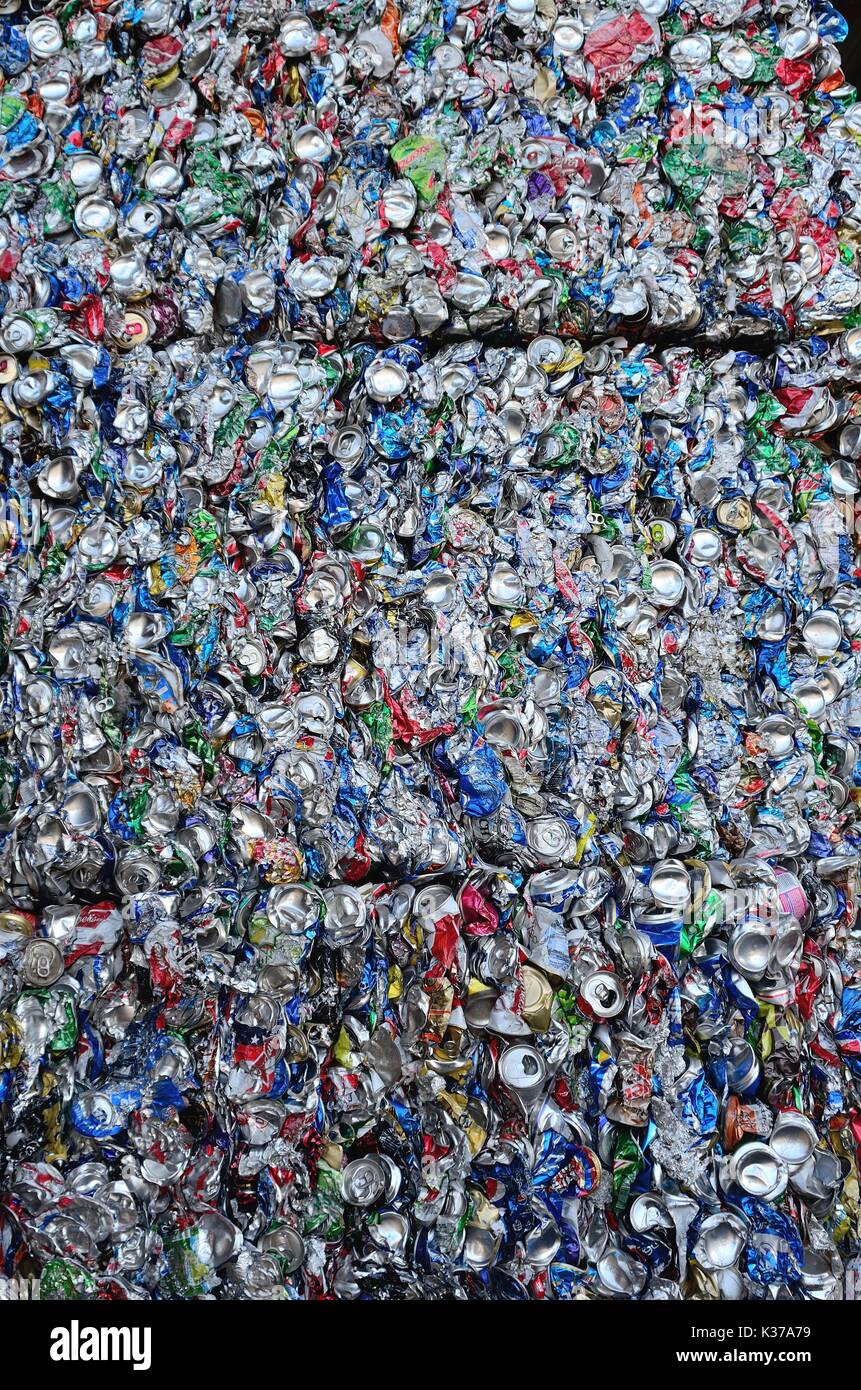 Crushed, recycled aluminum cans Stock Photo