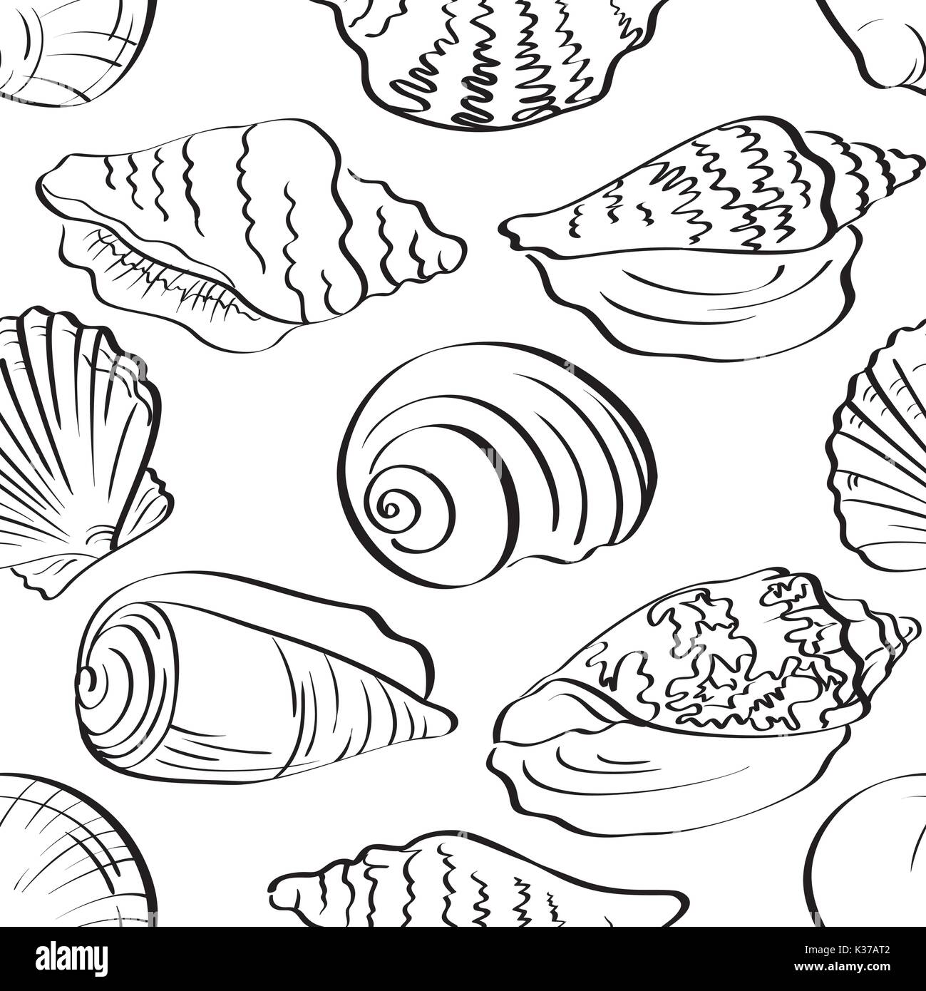 Seamless background, outline seashells Stock Vector
