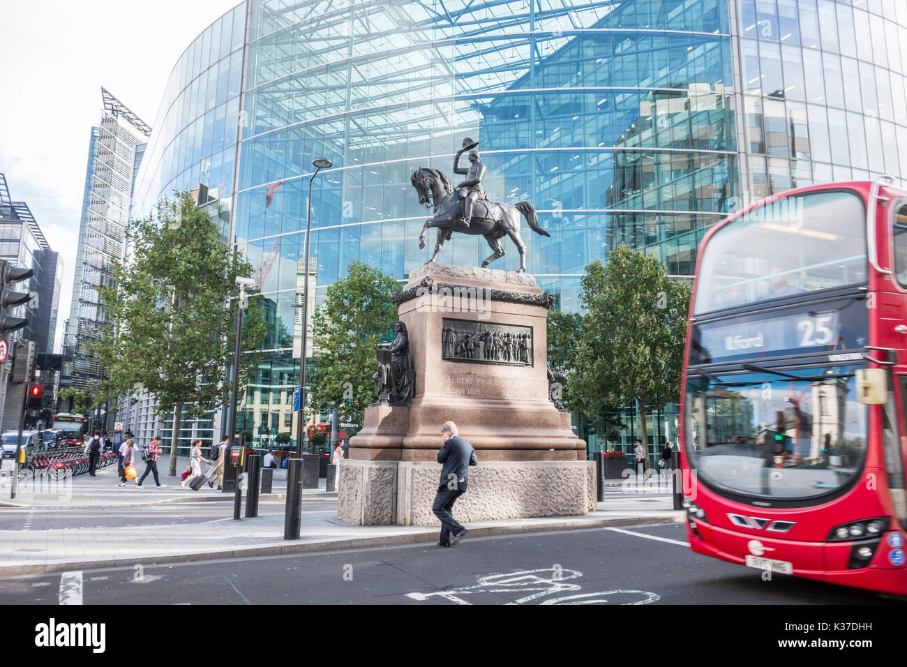 Prince Albert Equestrian Statue in front of 33 Holborn Sainsbury's head office. Holborn Circus, City of London, UK Stock Photo