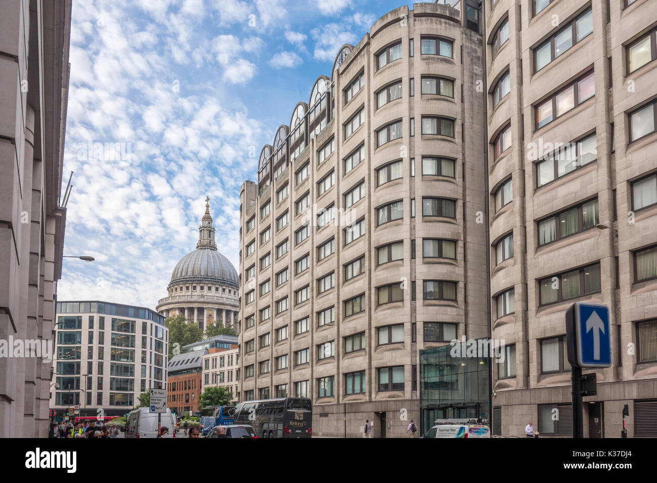 View along St Martin's le Grand towards St Paul's Cathedral dome with