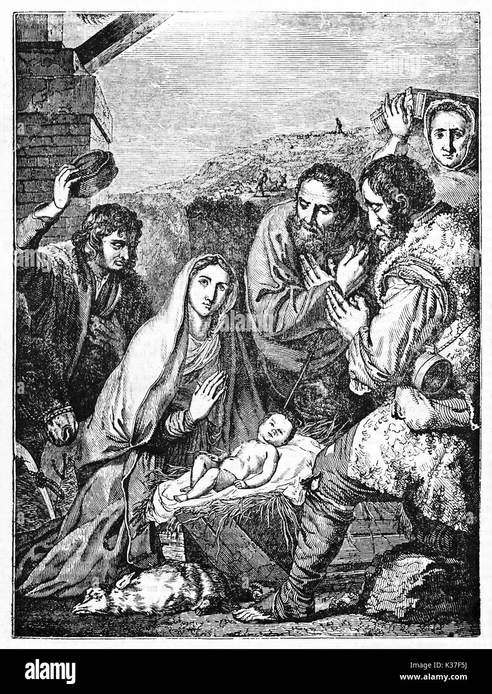Old engraved reproduction of The Adoration of The Sheperds, painted by ...