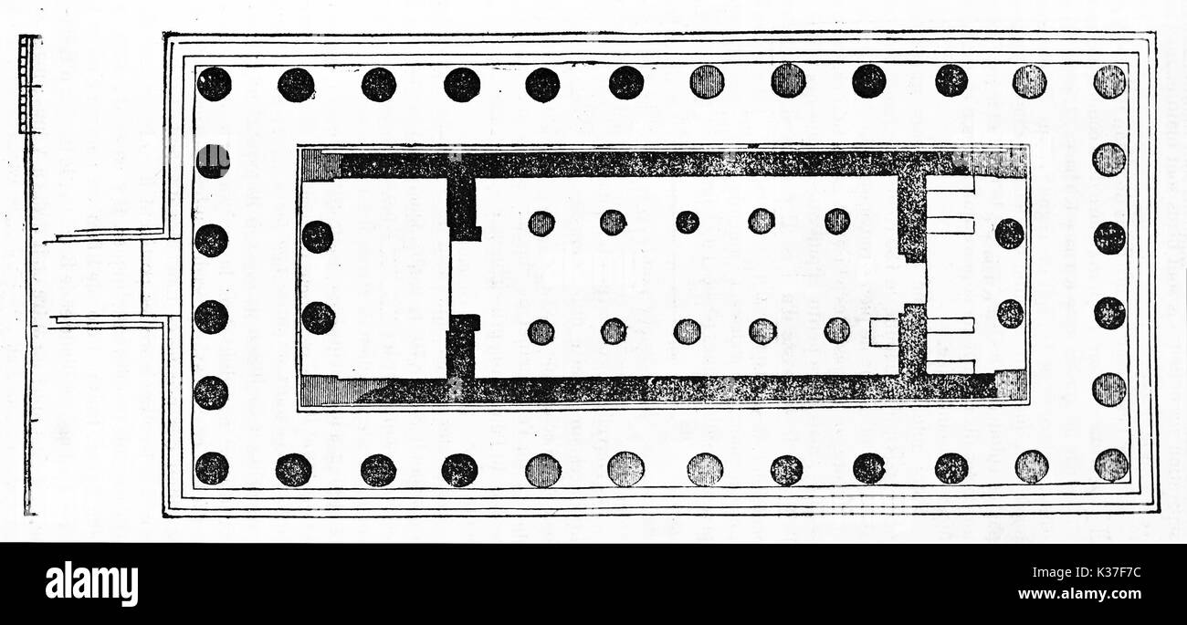Ancient planimetry of the greek Temple of Aphaea (formerly known as Temple of Jupiter Panhellenius) Greece. Old Illustration by unidentified author published on Magasin Pittoresque Paris 1834 Stock Photo