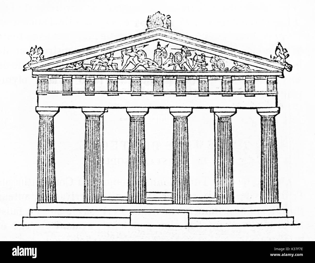 Schematic view of the main side of a doric style greek temple, Temple of Aphaea, Greece. Old isolated Illustration by unidentified author published on Magasin Pittoresque Paris 1834 Stock Photo