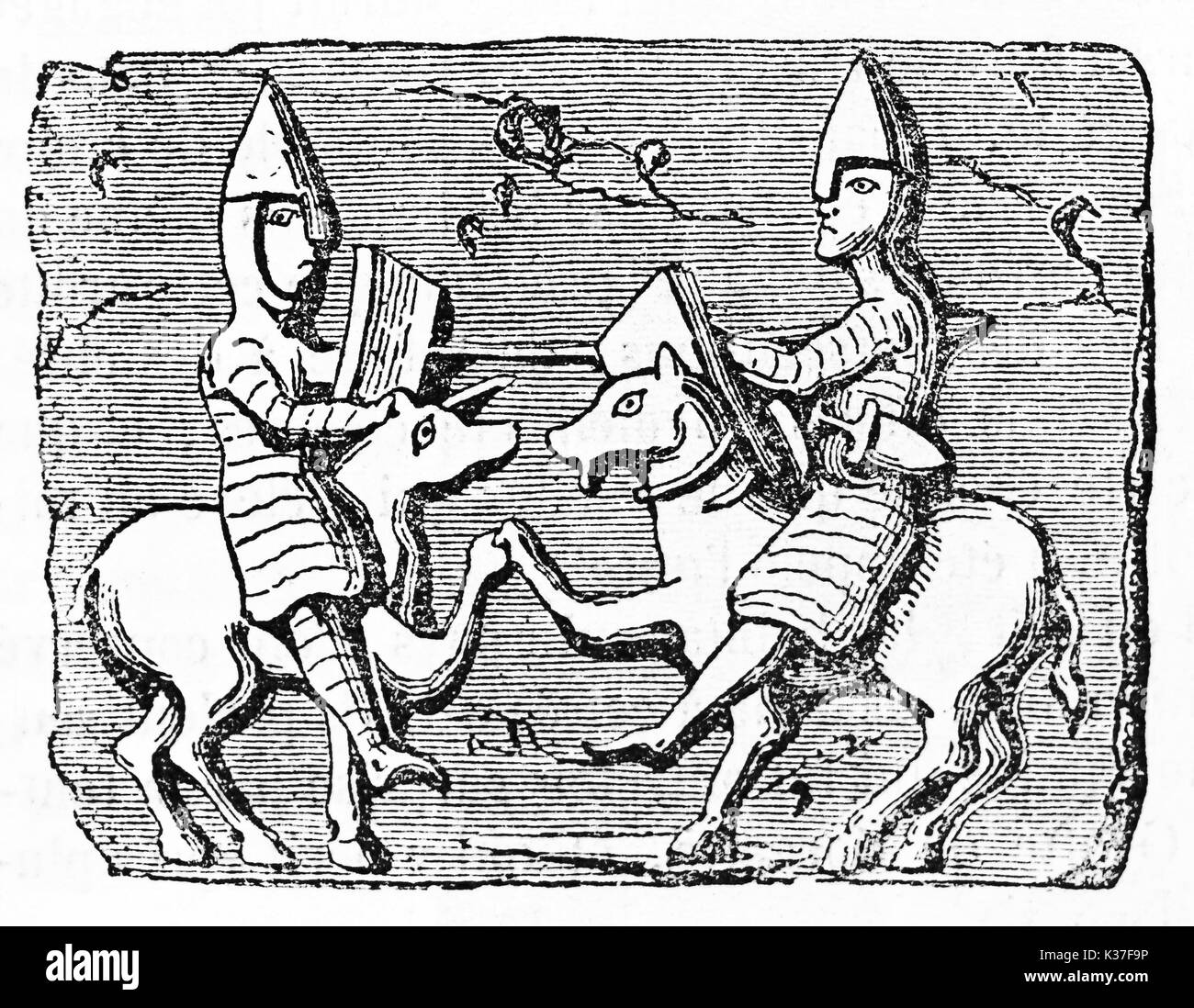 Ancient iconic image of two knight fighting on their horses depicted in side view opposite each other. Old Illustration by unidentified author published on Magasin Pittoresque Paris 1834 Stock Photo