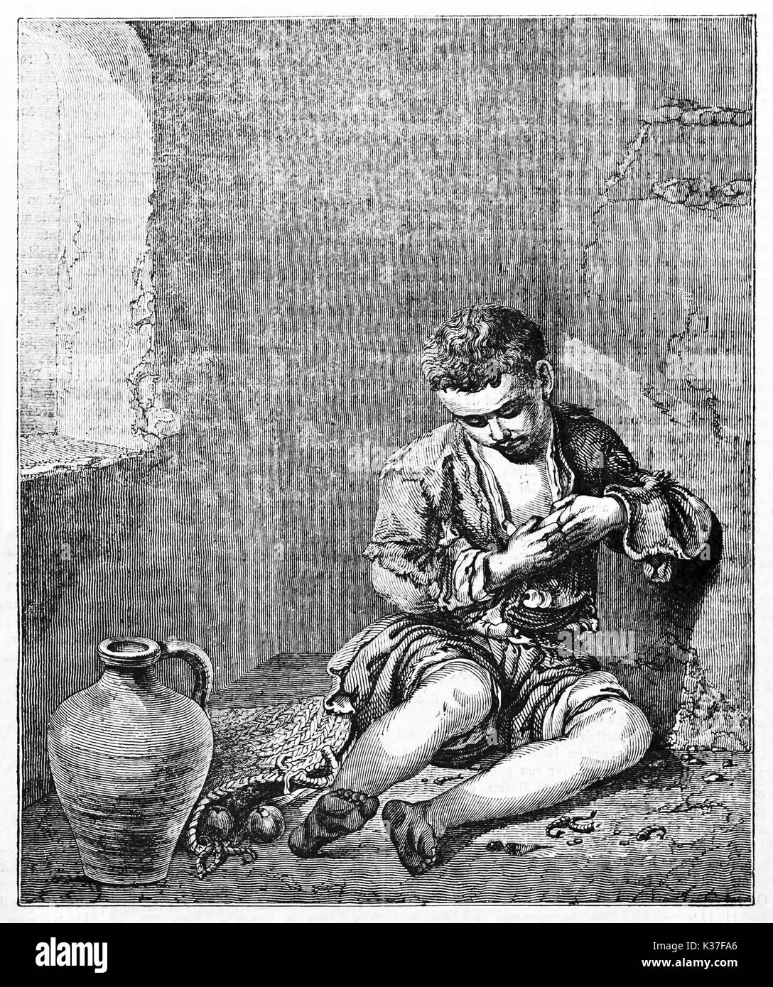 Old engraved reproduction of The Young Beggar, painting kept in Louvre museum, Paris. After Murillo, published on Magasin Pittoresque, Paris, 1834 Stock Photo