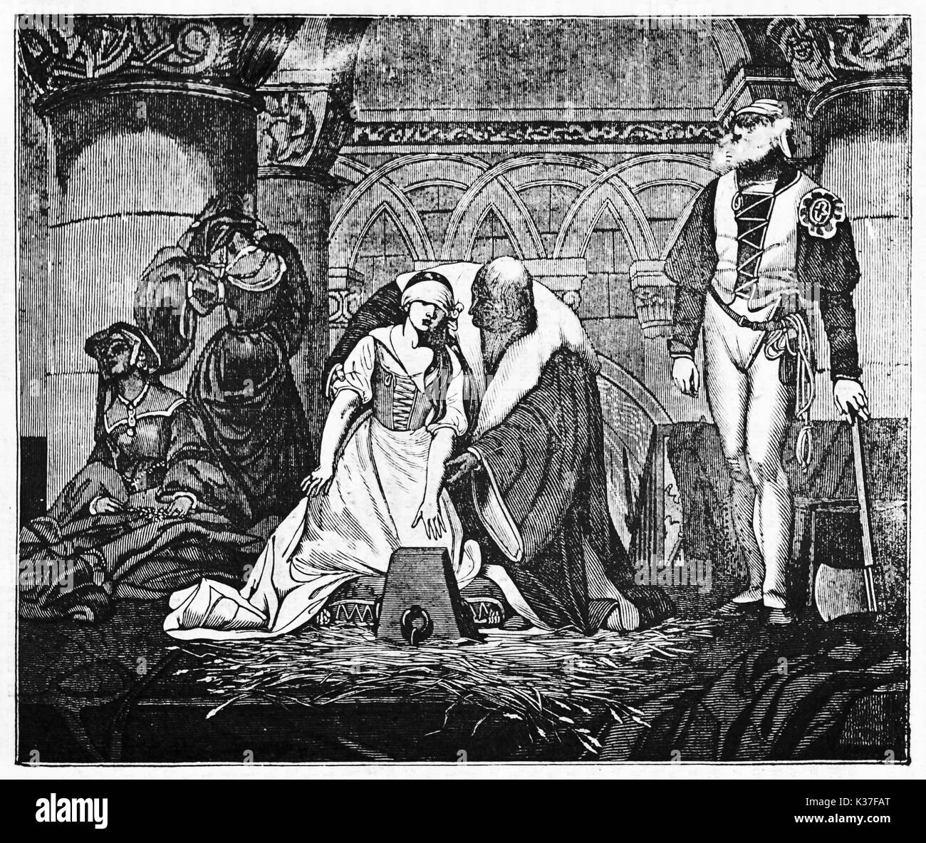Medieval beheading of Jane Grey, young woman accompained by a lord to the stump while the hangman wait for her. Old illustration by Paul Delaroche published on Magasin Pittoresque Paris 1834 Stock Photo
