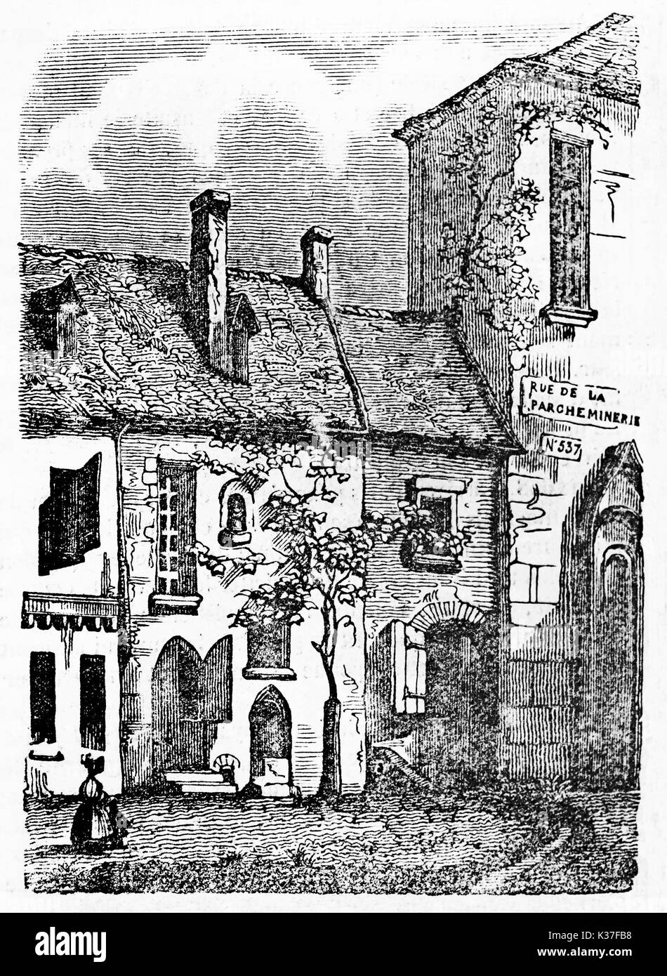 Isolated ancient country stone house owned by Adam Billaut (1602 - 1662) French carpenter poet and singer in Nevers. Old Illustration by unidentified author publ. on Magasin Pittoresque Paris 1834 Stock Photo