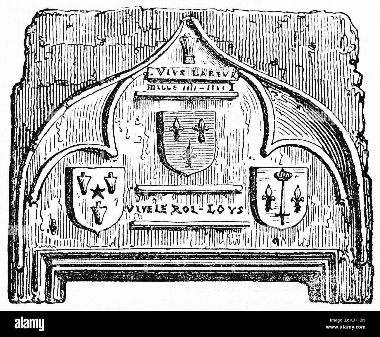 Ancient isolated detail of medieval decoration over Joan of Arc house door in Domremy France. Old Illustration by unidentified author published on Magasin Pittoresque Paris 1834. Stock Photo