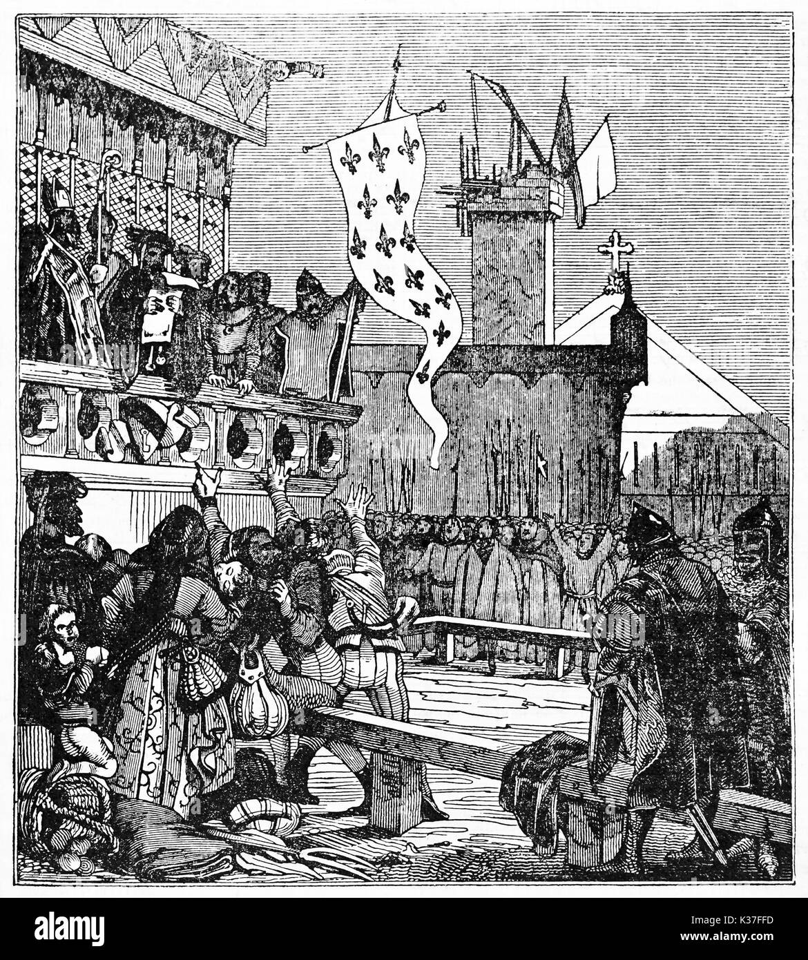 Public reading of a document by civil authority in front of a crowd of medieval people. Created Old Illustration by Jackson publ. on Magasin Pittoresque Paris 1834 Stock Photo