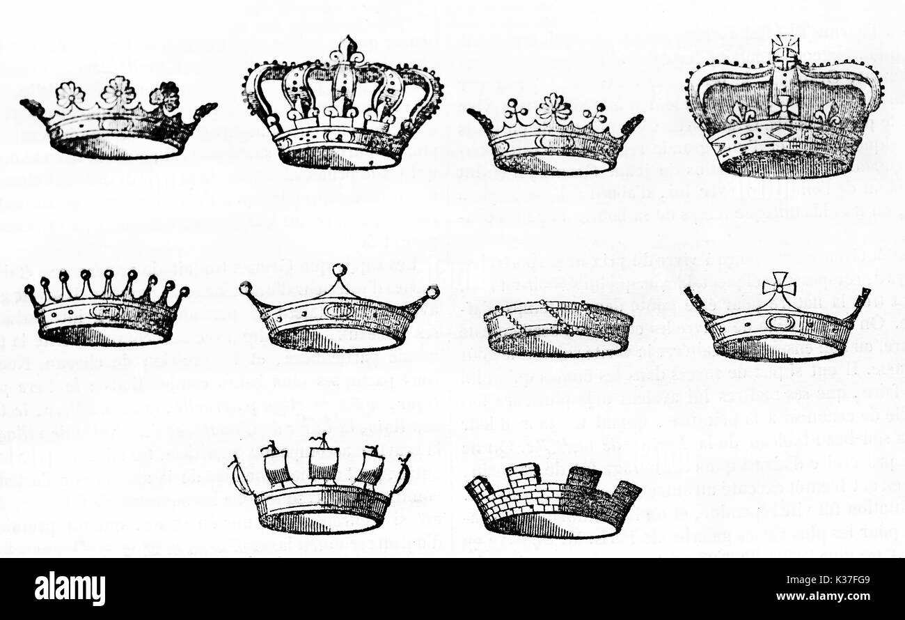 Collection of ten different types of crown for heraldic design, isolated on white background. Old Illustration by unidentified author published on Magasin Pittoresque Paris 1834 Stock Photo