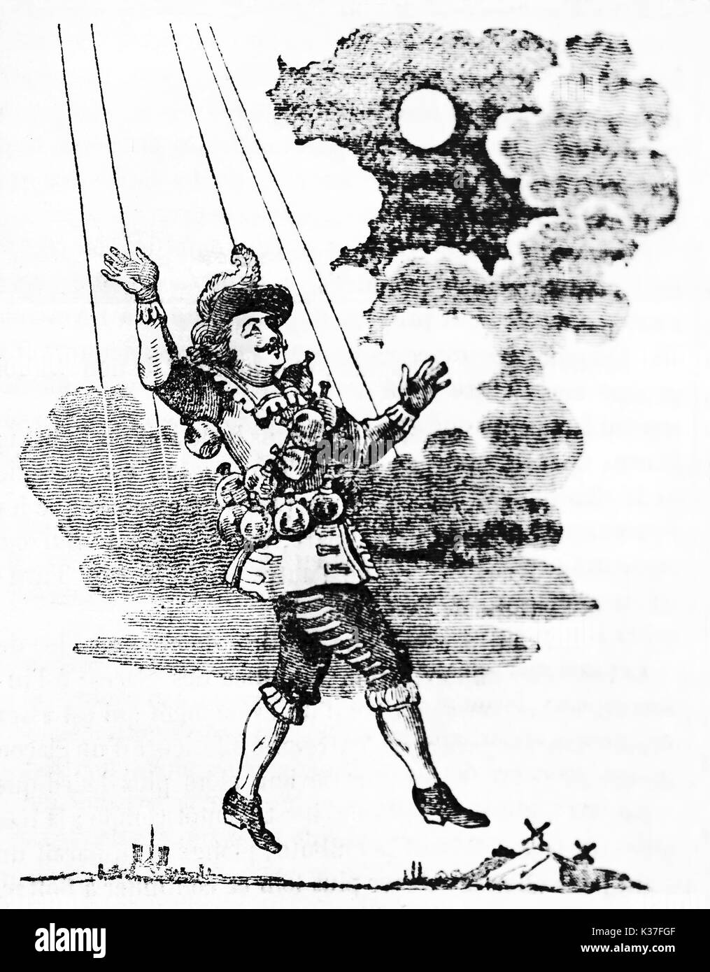 Cyrano de Bergerac similar to a marionette reaching the moon. Old Illustration by unidentified author published on Magasin Pittoresque Paris 1834 Stock Photo