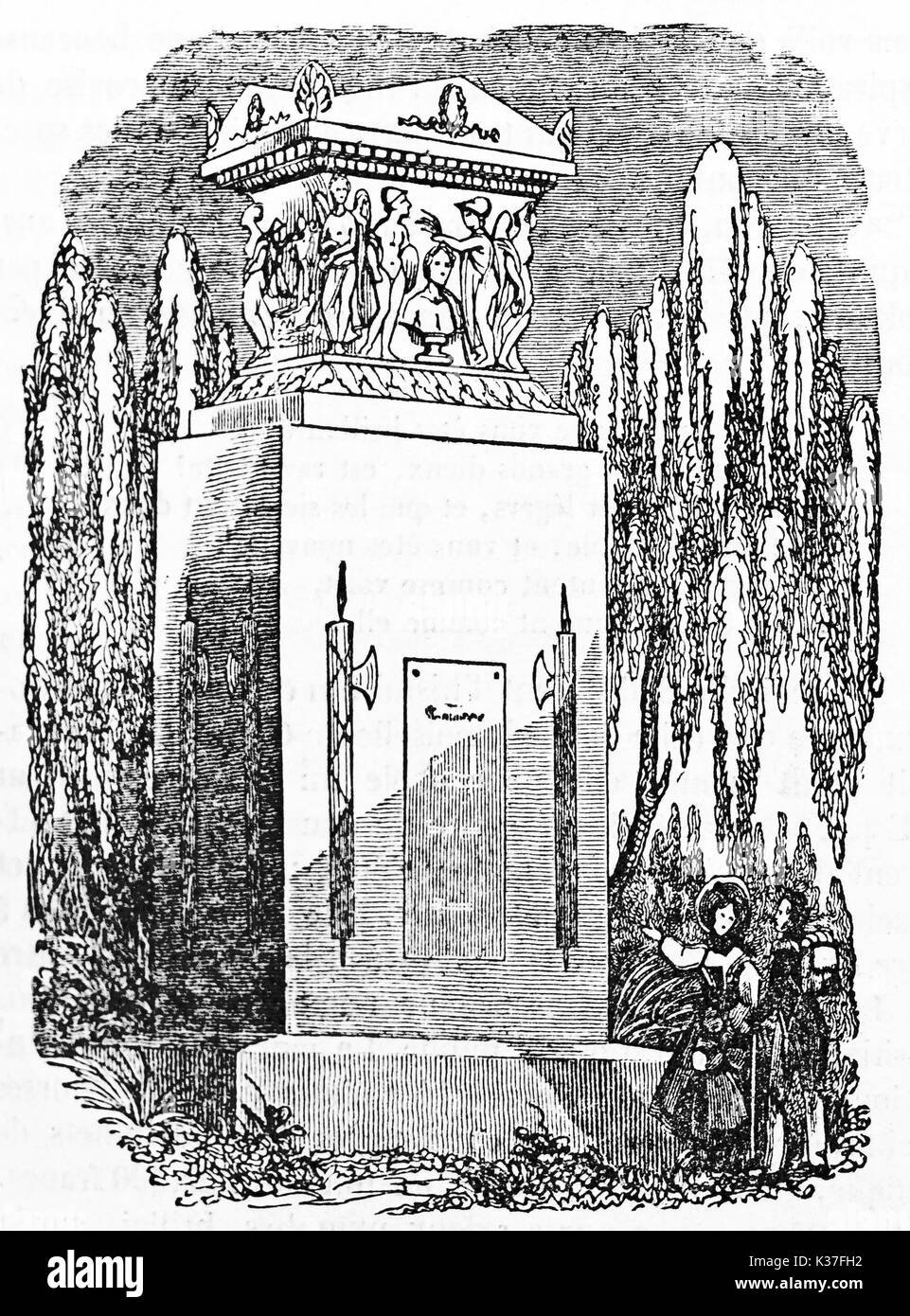 ancient stone monument to General Louis Desaix surrounded by weeping willows, Strasbourg France. Old Illustration by unidentified author published on Magasin Pittoresque Paris 1834 Stock Photo