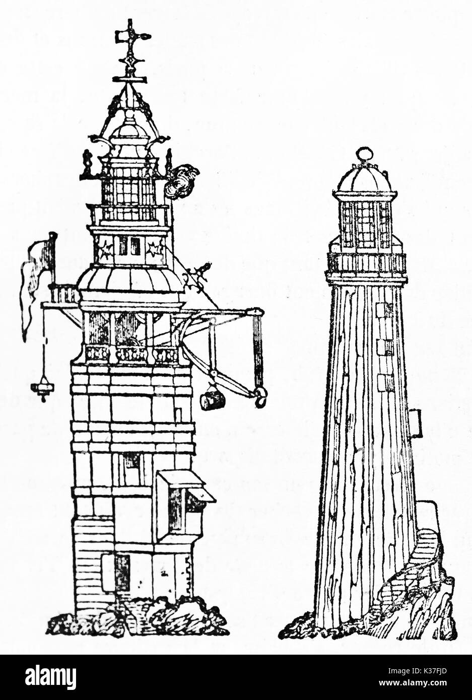 Two ancient lighthouses: Winstanley's the first from 1698 to 1703 and Rudyard's the second from 1709 to 1755. Old Illustration by unidentified author publ. on Magasin Pittoresque Paris 1834 Stock Photo