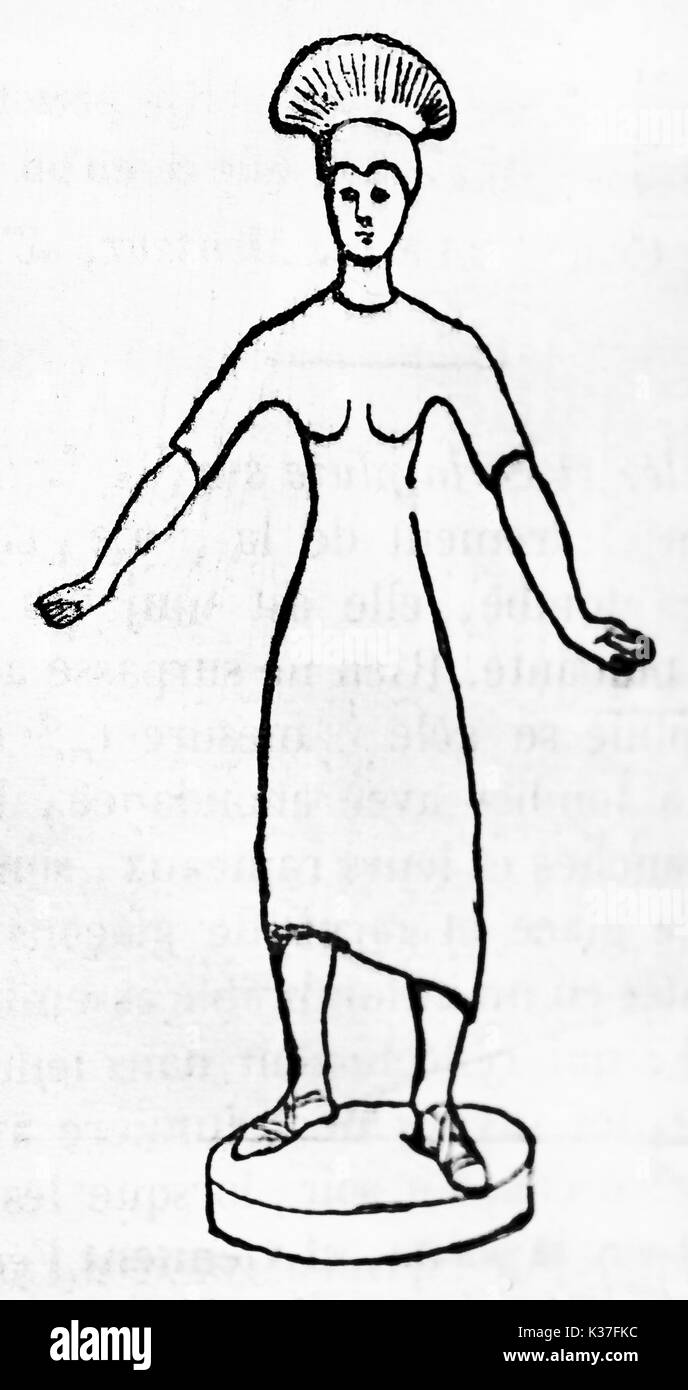 Antique Etruscan bronze female statue realized in a minimal graphic style. Old Illustration by unidentified author published on Magasin Pittoresque Paris 1834 Stock Photo