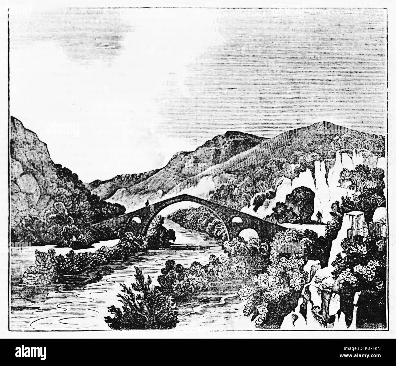 Ancient medieval gothic bridge crossing a river surrounded by vegetation, Eurotas river in Laconia Greece. Old Illustration by unidentified author published on Magasin Pittoresque Paris 1834. Stock Photo