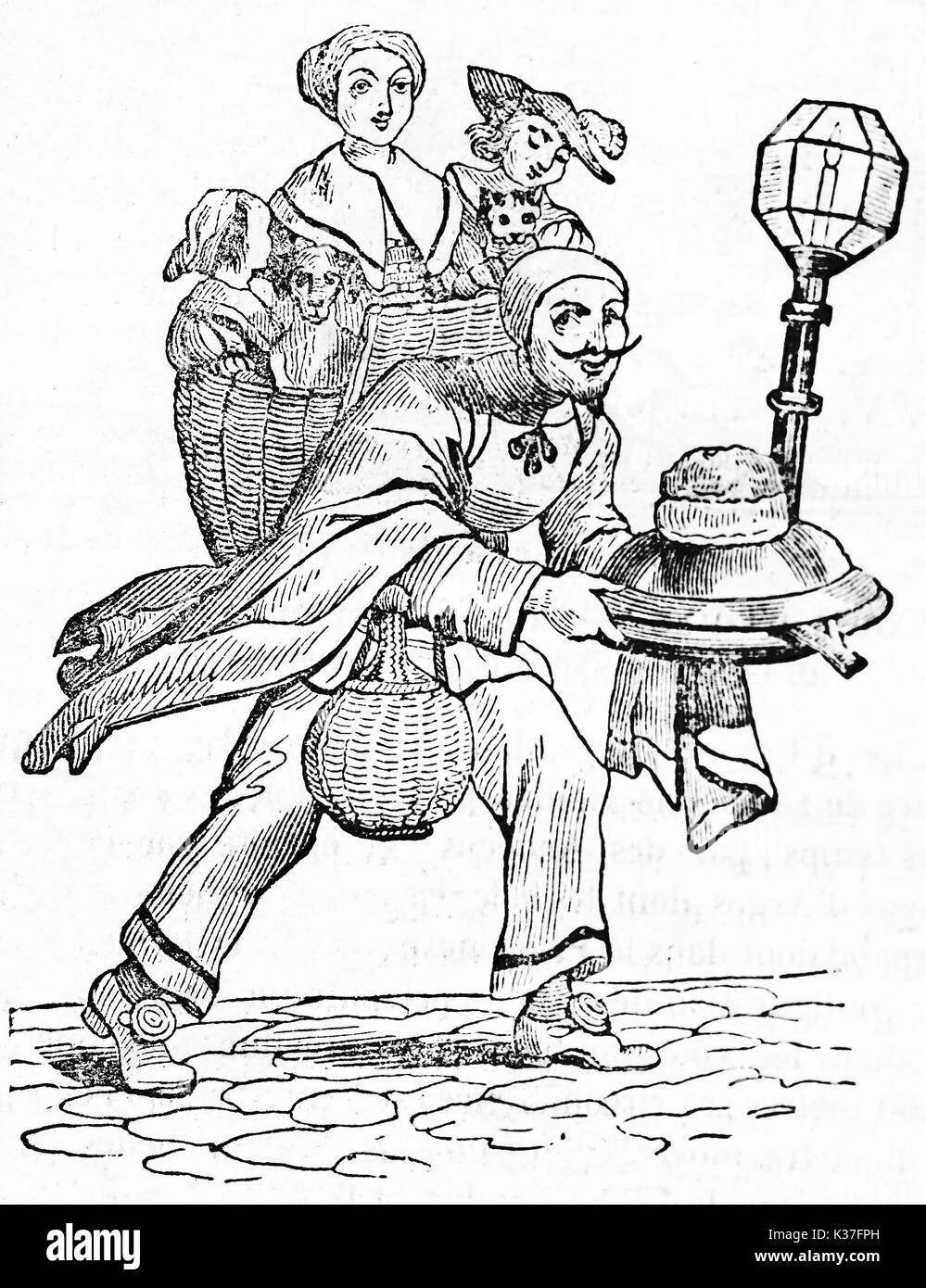 Funny full body portrait of Monsieur le Goguelu, 17th century, French scrounger and parasite. Old Illustration by unidentified author published on Magasin Pittoresque Paris 1834 Stock Photo