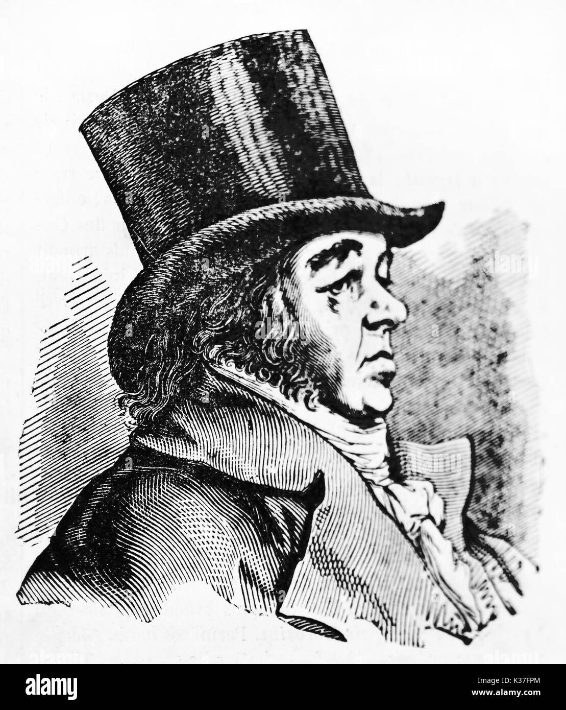 Ancient side view portrait of Francisco Goya (1746 - 1828), Spanish romantic painter, depicted on his profile wearing a top hat. By unidentified author published on Magasin Pittoresque Paris 1834 Stock Photo